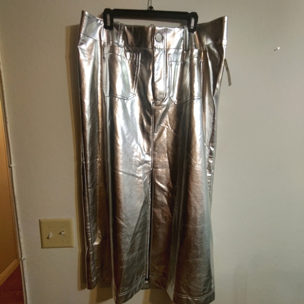 New Anthropologie Silver faux leather maxi skirt